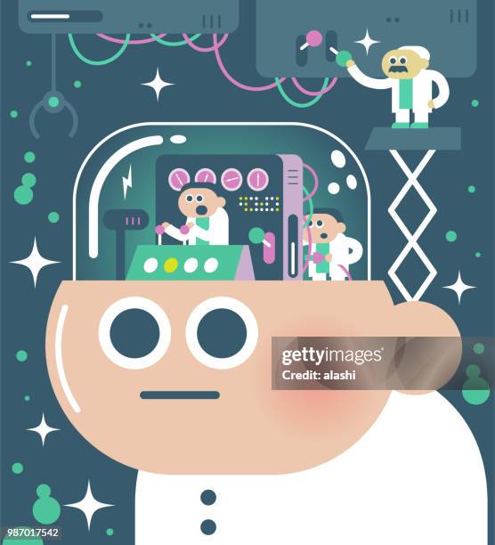 engineer (scientist) team with joystick on robot head - human evolution computer stock illustrations