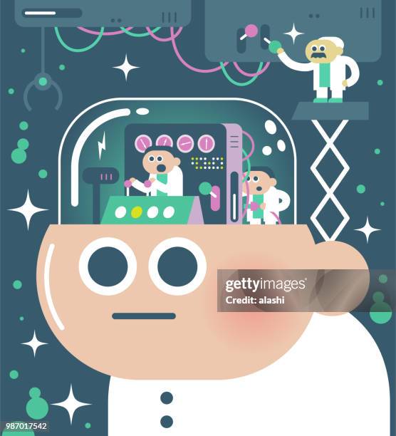 engineer (scientist) team with joystick on robot head - piloting stock illustrations