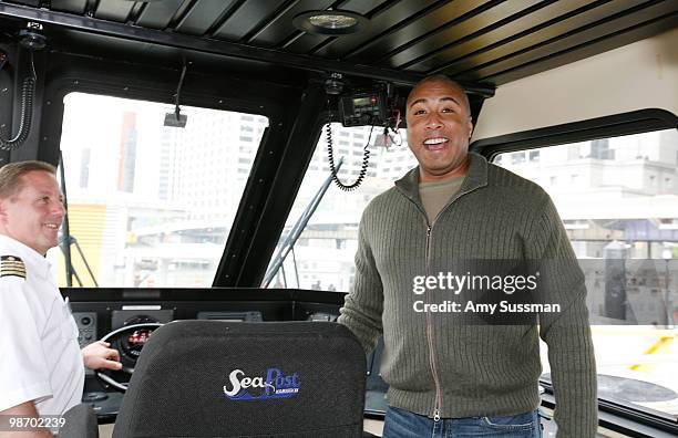 Former New York Yankee Bernie Williams attends the christening of "Delta's Baseball Water Taxis" at Pier 11 on April 27, 2010 in New York City.