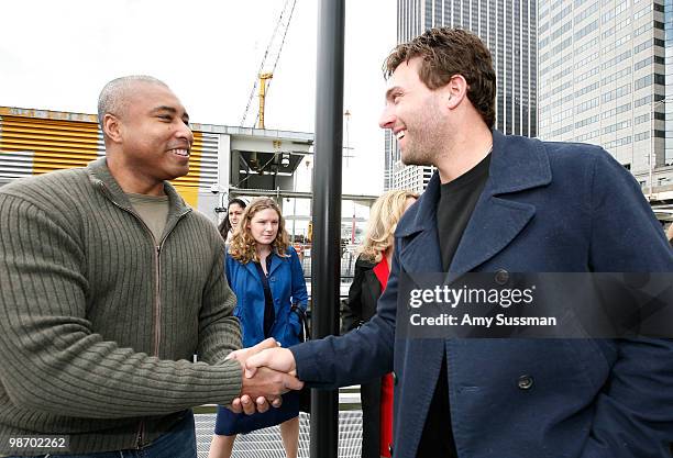 Former New York Yankee Bernie Williams and New York Mets outfielder Jeff Francoeur attend the christening of "Delta's Baseball Water Taxis" at Pier...