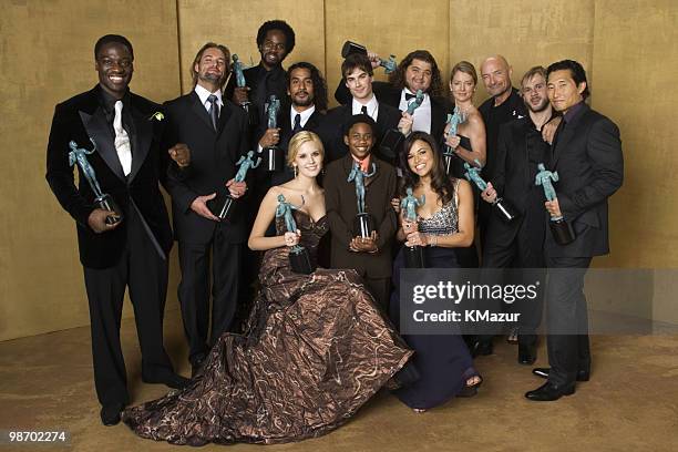 Maggie Grace, Malcolm David Kelley and Michelle Rodriguez; Back Row: Adewale Akinnuoye-Agbaje, Josh Holloway, Harold Perrineau, Naveen Andrews, Ian...