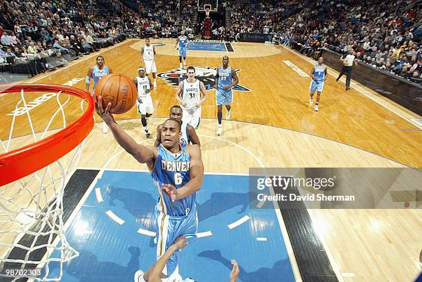Arron Afflalo of the Denver Nuggets makes a layup against the Minnesota Timberwolves during the game on March 10, 2010 at the Target Center in...