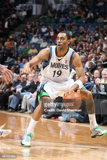 Wayne Ellington of the Minnesota Timberwolves dribbles the ball against the Denver Nuggets during the game on March 10, 2010 at the Target Center in...