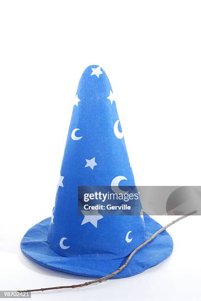 wizard's magical hat and tree branch wand - wizard stock pictures, royalty-free photos & images