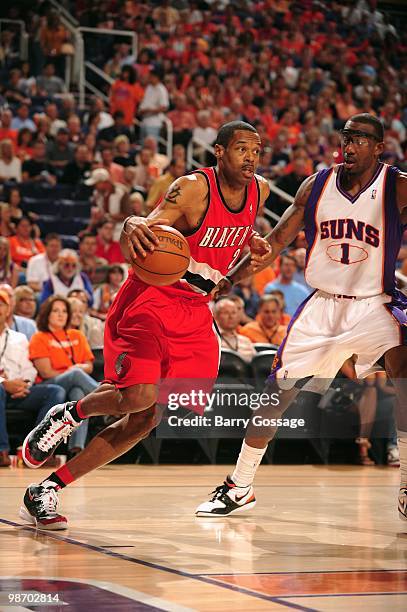 Marcus Camby of the Portland Trail Blazers drives against Amar'e Stoudemire of the Phoenix Suns in Game Two of the Western Conference Quarterfinals...