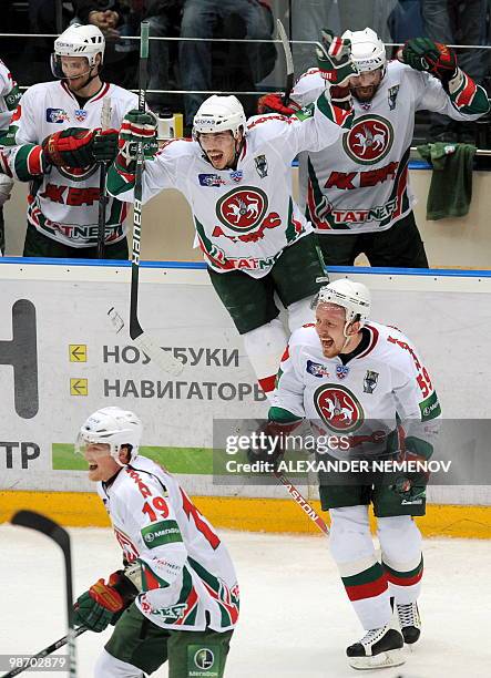 Ak Bars Kazan's ice hockey players celebrate their victory 2-0 over HC MVD Balashikha in the seventh play-off game during Gagarin Cup Russian open...