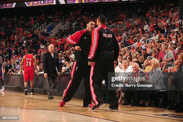 Nicolas Batum of the Portland Trail Blazers celebrates against the Phoenix Suns in Game Two of the Western Conference Quarterfinals during the 2010...