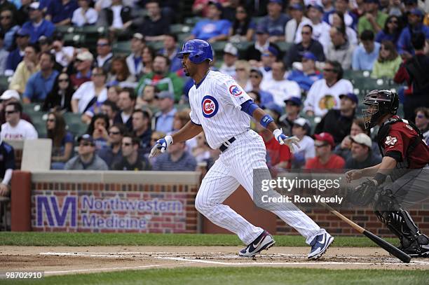 Derrek Lee of the Chicago Cubs bats against the Houston Astros on April 16, 2010 at Wrigley Field in Chicago, Illinois. The Cubs defeated the Astros...