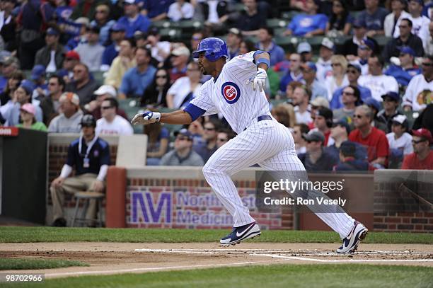 Derrek Lee of the Chicago Cubs bats against the Houston Astros on April 16, 2010 at Wrigley Field in Chicago, Illinois. The Cubs defeated the Astros...