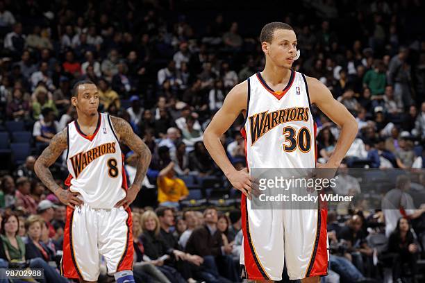 Monta Ellis and Stephen Curry of the Golden State Warriors are shown on the court during the game against the Utah Jazz at Oracle Arena on April 13,...