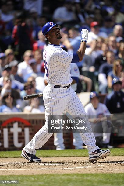 Derrek Lee of the Chicago Cubs bats against the Houston Astros on April 16, 2010 at Wrigley Field in Chicago, Illinois. The Cubs defeated the Astros...