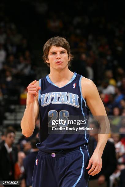 Kyle Korver of the Utah Jazz looks on during the game against the Golden State Warriors at Oracle Arena on April 13, 2010 in Oakland, California. The...