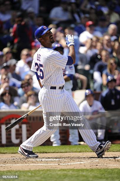 Derrek Lee of the Chicago Cubs bats against the Houston Astros on April 16, 2010 at Wrigley Field in Chicago, Illinois. The Cubs defeated the Astros...