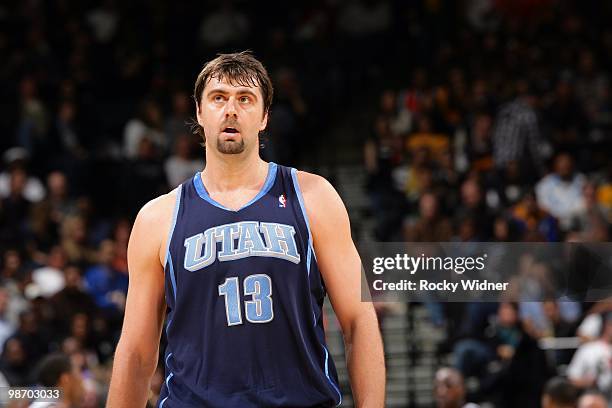 Mehmet Okur of the Utah Jazz looks on during the game against the Golden State Warriors at Oracle Arena on April 13, 2010 in Oakland, California. The...