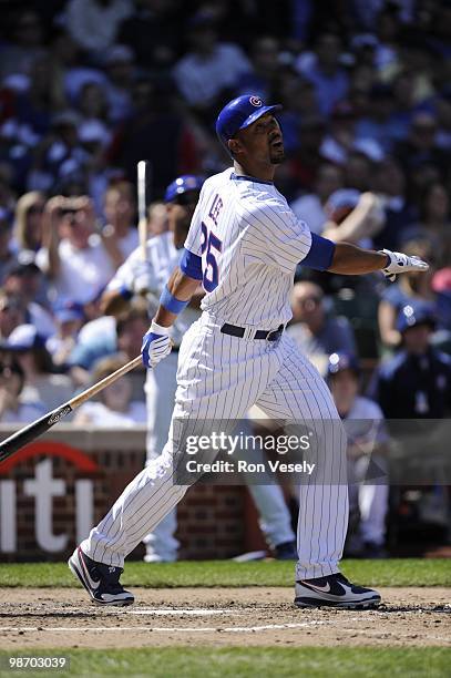 Derrek Lee of the Chicago Cubs bats against the Houston Astros on April 16, 2010 at Wrigley Field in Chicago, Illinois. The Cubs defeated the Astros...