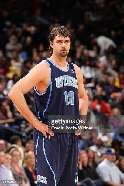 Mehmet Okur of the Utah Jazz looks on during the game against the Golden State Warriors at Oracle Arena on April 13, 2010 in Oakland, California. The...