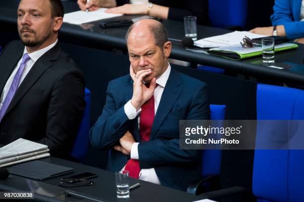 German Finance Minister and Vice Chancellor Olaf Scholz is pictured during the 42th Plenary Session of Bundestag German Lower House of Parliament in...