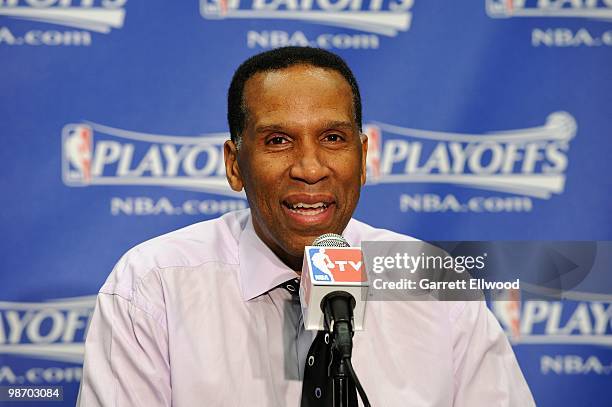 Interim coach Adrian Dantley of the Denver Nuggets speaks to the media after Game One of the Western Conference Quarterfinals against the Utah Jazz...