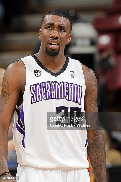 Donte Greene of the Sacramento Kings looks on during the game against the Houston Rockets at Arco Arena on April 12, 2010 in Sacramento, California....