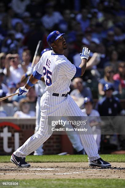 Derrek Lee of the Chicago Cubs bats against the Houston Astros on April 16, 2010 at Wrigley Field in Chicago, Illinois. The Cubs defeated the Astros...