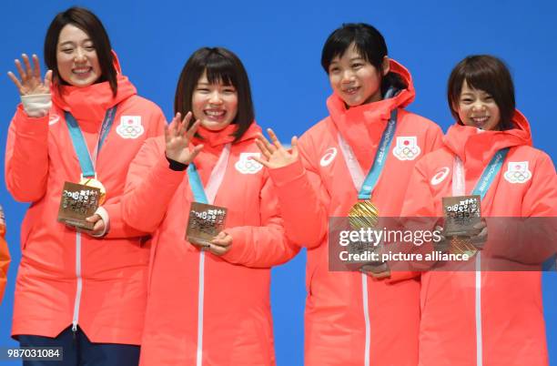 February 2018, South Korea, Gangneung, Winter Olympics, women's speed skating team pursuit event, award ceremony, Medal Plaza: The team of Japan with...