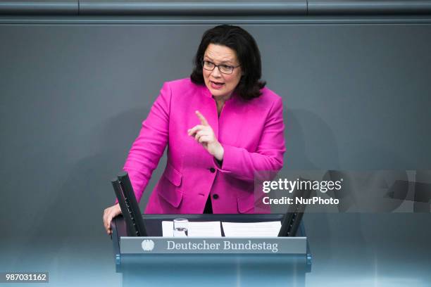 Chairwoman of the Social Democratic Party Andrea Nahles speaks during the 42th Plenary Session of Bundestag German Lower House of Parliament in...