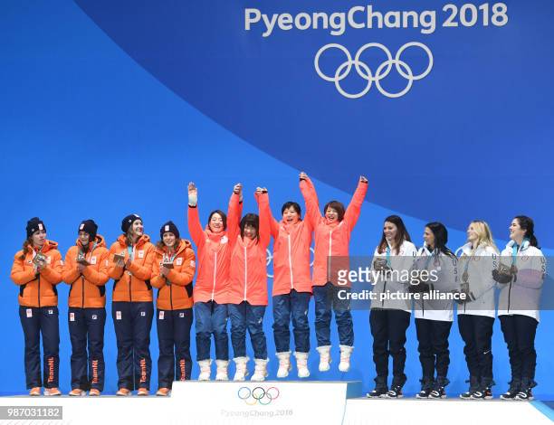 February 2018, South Korea, Gangneung, Winter Olympics, women's speed skating team pursuit event, award ceremony, Medal Plaza: The team of the...