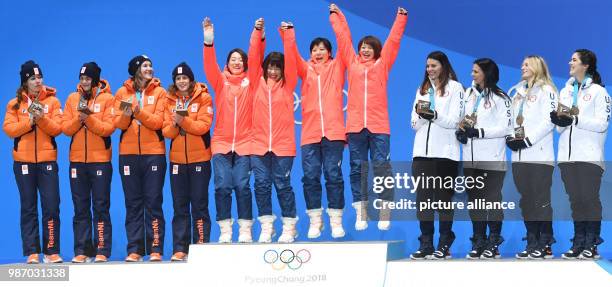 February 2018, South Korea, Gangneung, Winter Olympics, women's speed skating team pursuit event, award ceremony, Medal Plaza: The team of the...