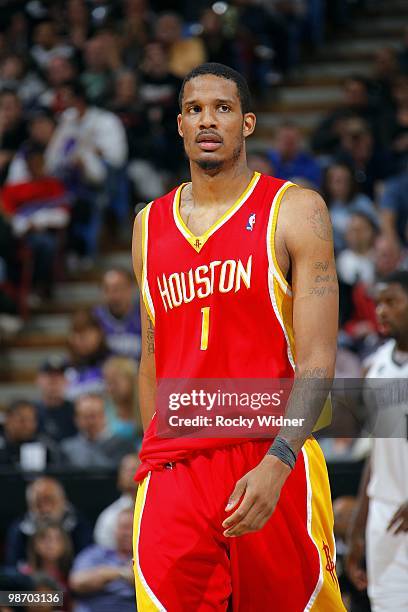 Trevor Ariza of the Houston Rockets looks on during the game against the Sacramento Kings at Arco Arena on April 12, 2010 in Sacramento, California....