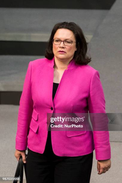 Chairwoman of the Social Democratic Party Andrea Nahles arrives to the 42th Plenary Session of Bundestag German Lower House of Parliament in Berlin,...