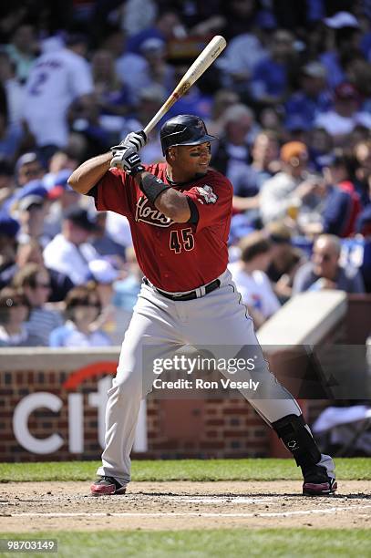 Carlos Lee of the Houston Astros bats against the Chicago Cubs on April 16, 2010 at Wrigley Field in Chicago, Illinois. The Cubs defeated the Astros...