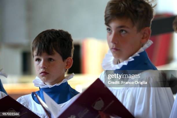 Hereford Cathedral Choir perform during the solemnity of Saints Peter and Paul celebrated by Pope Francis with newly created cardinals at St. Peter's...