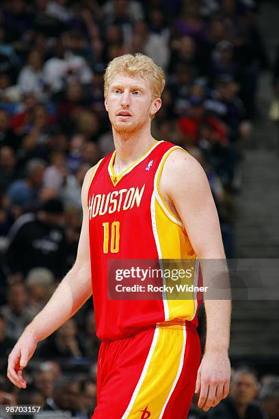 Chase Budinger of the Houston Rockets looks on during the game against the Sacramento Kings at Arco Arena on April 12, 2010 in Sacramento,...