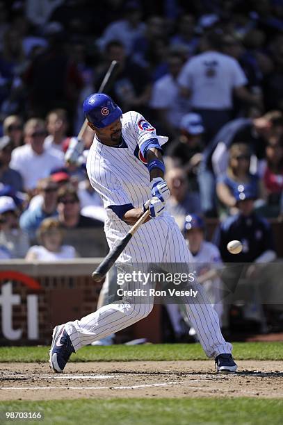 Derrek Lee of the Chicago Cubs bats against the Houston Astros on April 16, 2010 at Wrigley Field in Chicago, Illinois. The Cubs defeated the Astros...