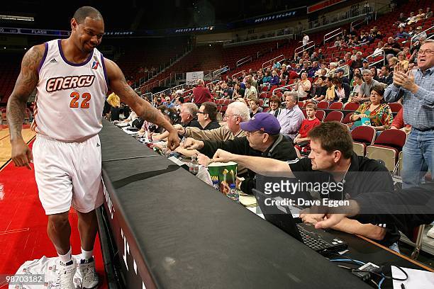Jeff Trepagnier of the Iowa Energy greets the scorekeepers before Game Two of the Semifinal series against the Tulsa 66ers during the D-League...
