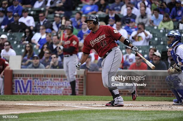 Carlos Lee of the Houston Astros bats against the Chicago Cubs on April 16, 2010 at Wrigley Field in Chicago, Illinois. The Cubs defeated the Astros...