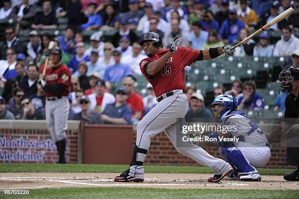 Carlos Lee of the Houston Astros bats against the Chicago Cubs on April 16, 2010 at Wrigley Field in Chicago, Illinois. The Cubs defeated the Astros...