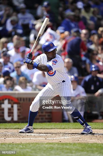 Alfonso Soriano of the Chicago Cubs bats against the Houston Astros on April 16, 2010 at Wrigley Field in Chicago, Illinois. The Cubs defeated the...