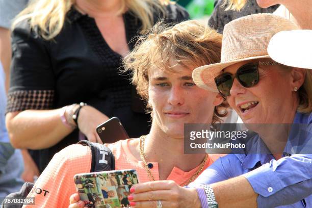 Alexander Zverev during his match against Pablo Carreno Busta day three Pablo Carreno Busta of The Boodles Tennis Event at Stoke Park on June 28,...