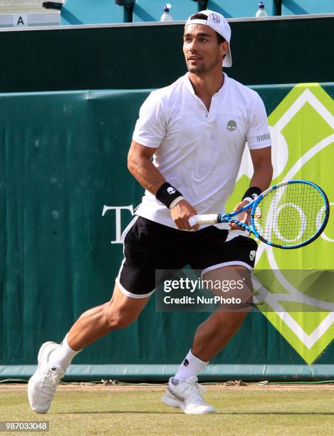 Fabio Fognini during his match against Albert Ramos-Vinolas day three of The Boodles Tennis Event at Stoke Park on June 28, 2018 in Stoke Poges,...