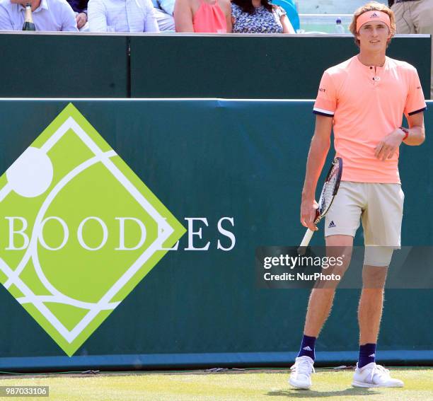 Alexander Zverev during his match against Pablo Carreno Busta day three Pablo Carreno Busta of The Boodles Tennis Event at Stoke Park on June 28,...