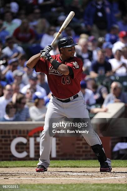 Carlos Lee of the Houston Astros bats against the Chicago Cubs on April 16, 2010 at Wrigley Field in Chicago, Illinois. The Cubs defeated the Astros...