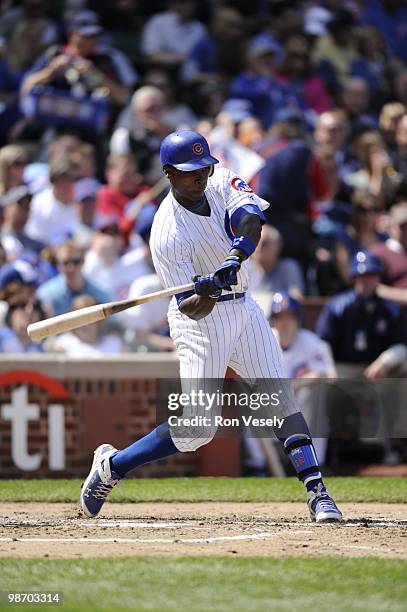 Alfonso Soriano of the Chicago Cubs bats against the Houston Astros on April 16, 2010 at Wrigley Field in Chicago, Illinois. The Cubs defeated the...