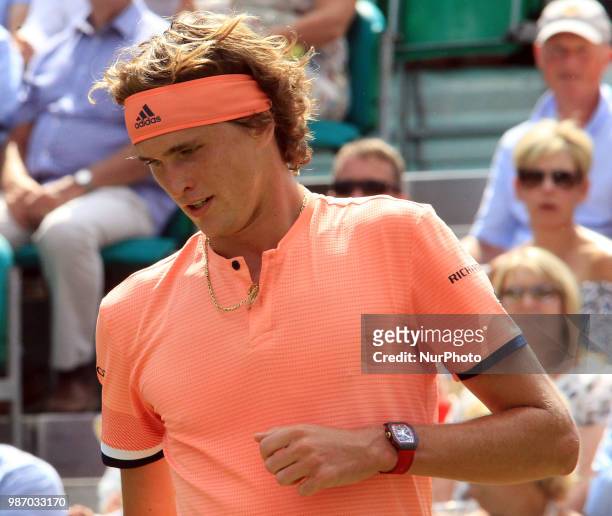 Alexander Zverev during his match against Pablo Carreno Busta day three Pablo Carreno Busta of The Boodles Tennis Event at Stoke Park on June 28,...
