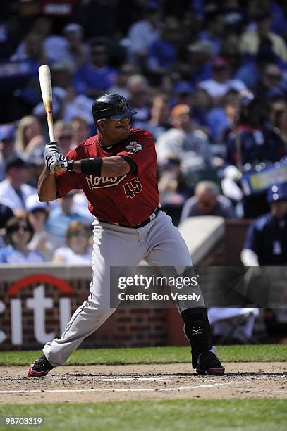 Carlos Lee of the Houston Astros bats against the Chicago Cubs on April 16, 2010 at Wrigley Field in Chicago, Illinois. The Cubs defeated the Astros...