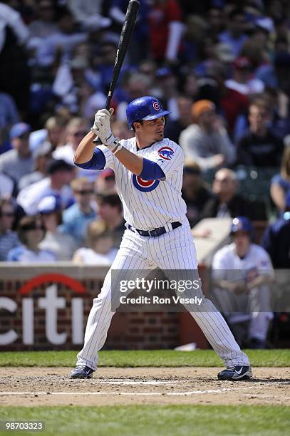 Ryan Theriot of the Chicago Cubs bats against the Houston Astros on April 16, 2010 at Wrigley Field in Chicago, Illinois. The Cubs defeated the...