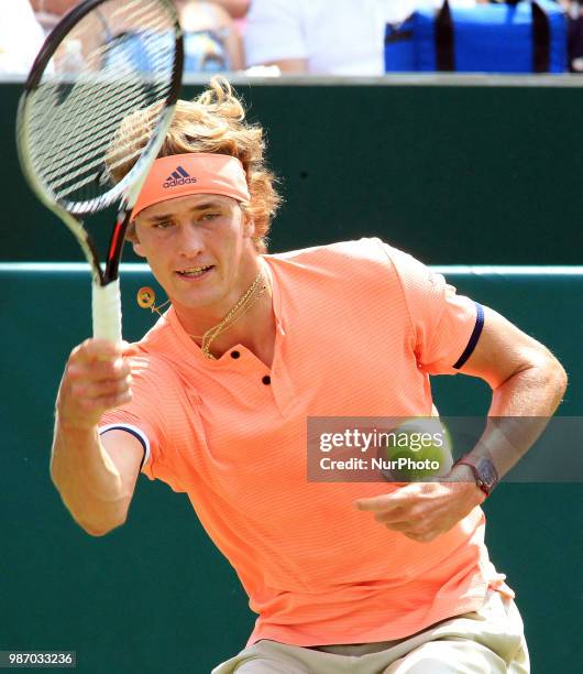 Alexander Zverev during his match against Pablo Carreno Busta day three Pablo Carreno Busta of The Boodles Tennis Event at Stoke Park on June 28,...