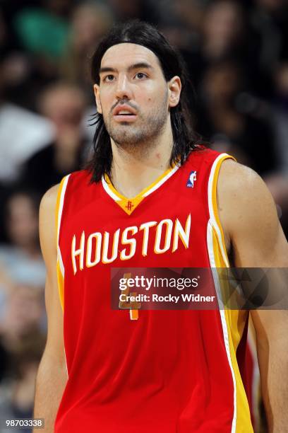Luis Scola of the Houston Rockets looks on during the game against the Sacramento Kings at Arco Arena on April 12, 2010 in Sacramento, California....