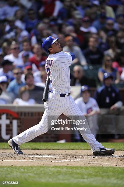 Ryan Theriot of the Chicago Cubs bats against the Houston Astros on April 16, 2010 at Wrigley Field in Chicago, Illinois. The Cubs defeated the...