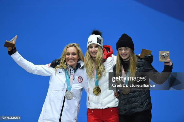 February 2018, South Korea, Pyeongchang, Olympics, Snowboard big air, womens, award ceremony, Medal Plaza: Austria's Anna Gasser , Jamie Anderson...